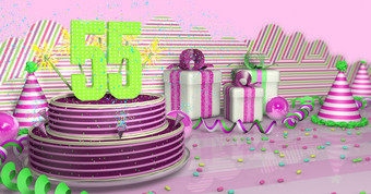 紫色的轮生日蛋糕装饰与色彩斑斓的火花和粉红色的行明亮的表格与绿色飘带聚会，派对帽子和礼物盒子与粉红色的<strong>丝带</strong>和糖果的表格粉红色的背景插图紫色的轮生日蛋糕装饰与<strong>彩色</strong>的火花和粉红色的行表格与绿色飘带聚会，派