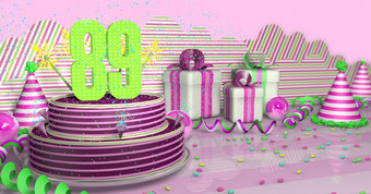 <strong>紫色</strong>的轮生日<strong>蛋糕</strong>装饰与色彩斑斓的火花和粉红色的行明亮的表格与绿色飘带聚会，派对帽子和礼物盒子与粉红色的丝带和糖果的表格粉红色的背景插图<strong>紫色</strong>的轮生日<strong>蛋糕</strong>装饰与彩色的火花和粉红色的行表格与绿色飘带聚会，派