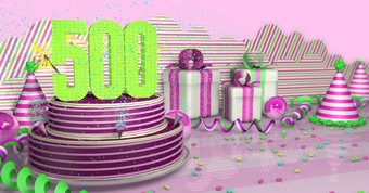紫色的轮生日蛋糕装饰与色彩斑斓的火花和粉红色的行明亮的<strong>表格</strong>与绿色飘带聚会，派对帽子和礼物盒子与粉红色的丝带和糖果的<strong>表格</strong>粉红色的背景插图紫色的轮生日蛋糕装饰与彩色的火花和粉红色的行<strong>表格</strong>与绿色飘带聚会，派
