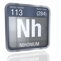 nihonium象征广场形状与金属边境和透明的背景与反射的地板上渲染元素数量的周期表格的元素化学