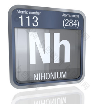 nihonium象征广场形状与金属边境和透明的背景与反射的地板上渲染元素数量的周期表格的元素化学