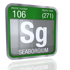 seaborgium象征广场形状与金属边境和透明的背景与反射的地板上渲染元素数量的周期表格的元素化学