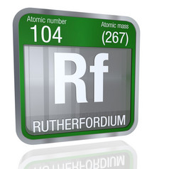 rutherfordium象征广场形状与金属边境和透明的背景与反射的地板上渲染元素数量的周期表格的元素化学