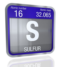 硫象征广场形状与金属边境和透明的背景与反射的地板上渲染元素数量的周期表格的元素化学