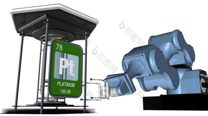 铂象征广场形状与金属边缘前面机械手臂那将持有化学容器渲染元素数量的周期表格的元素化学