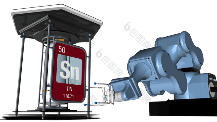 锡象征广场形状与金属边缘前面机械手臂那将持有化学容器渲染元素数量的周期表格的元素化学