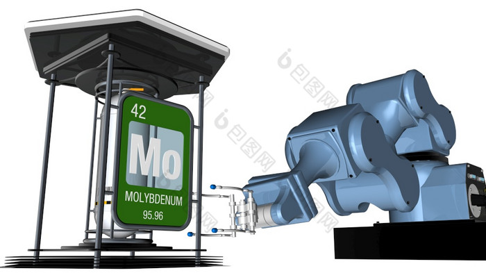 钼象征广场形状与金属边缘前面机械手臂那将持有化学容器渲染元素数量的周期表格的元素化学