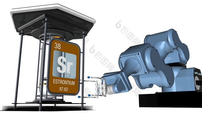 锶象征广场形状与金属边缘前面机械手臂那将持有化学容器渲染元素数量的周期表格的元素化学