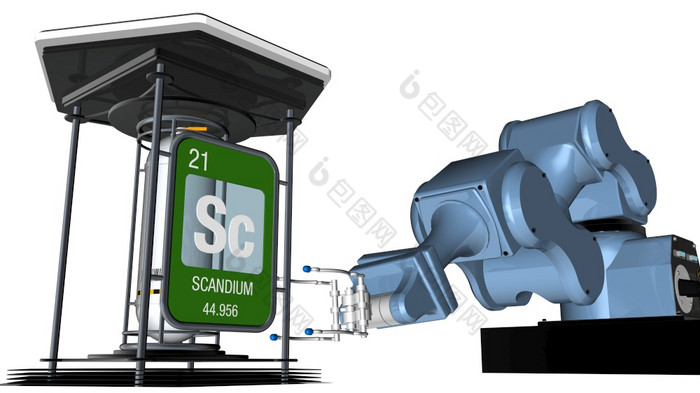 钪象征广场形状与金属边缘前面机械手臂那将持有化学容器渲染元素数量的周期表格的元素化学