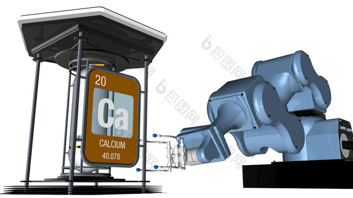 钙象征广场形状与金属边缘前面机械手臂那将持有化学容器渲染元素数量的周期表格的元素化学