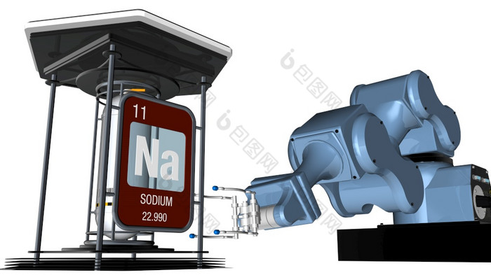 钠象征广场形状与金属边缘前面机械手臂那将持有化学容器渲染元素数量的周期表格的元素化学