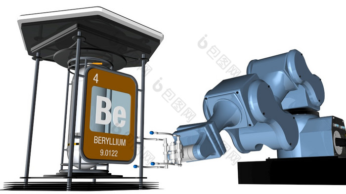 铍象征广场形状与金属边缘前面机械手臂那将持有化学容器渲染元素数量的周期表格的元素化学