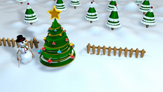 圣诞节场景与雪人下一个摘要圣诞节树装饰与彩色的球体与森林树的背景的天空蓝色的与模式云和白色星星渲染