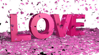 粉红色的花瓣与心形状下降的词爱紫罗兰色的颜色白色地板上情人节一天概念插图