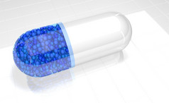 关闭白色塑料胶囊与透明的蓝色的一半完整的蓝色的球体白色反光表面插图关闭白色胶囊与透明的蓝色的一半完整的蓝色的球体白色反光表面插图