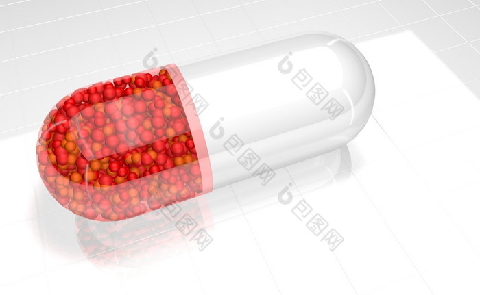 关闭白色塑料胶囊与透明的红色的一半完整的红色的球体白色反光表面插图关闭白色胶囊与透明的红色的一半完整的红色的球体白色反光表面插图