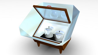 盒子太阳能炊具与开放玻璃成员和金属反射镜与两个锅内部白色背景插图太阳能盒子炊具与开放玻璃成员和金属反射镜白色背景插图