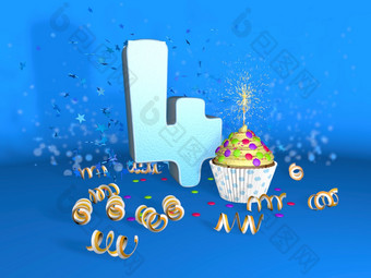 蛋糕与闪闪发光的蜡烛为生日周年纪念日与的大数量白色与黄色的<strong>飘带</strong>的蓝色的背景插图生日周年纪念日蛋糕与的大数量白色与黄色的<strong>飘带</strong>的蓝色的背景插图