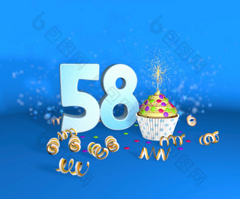 蛋糕与闪闪发光的蜡烛为生日周年纪念日与的大数量白色与黄色的<strong>飘带</strong>的蓝色的背景插图生日周年纪念日蛋糕与的大数量白色与黄色的<strong>飘带</strong>的蓝色的背景插图