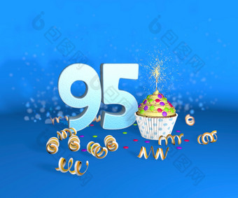 蛋糕与闪闪发光的蜡烛为生日周年纪念日与的大数量白色与黄色的飘带的蓝色的背景插图生日周年纪念日蛋糕与的大数量白色与黄色的飘带的蓝色的背景插图
