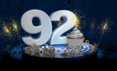 蛋糕与闪闪发光的蜡烛为生日周年纪念日与大数量白色与黄色的飘带蓝色的表格与黑暗背景完整的火花插图生日周年纪念日蛋糕与大白色数量与黄色的飘带蓝色的表格与黑暗背景完整的火花插图