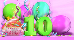 生日蛋糕与引发蜡烛与的数量大绿色与纸杯蛋糕与红色的奶油装饰与巧克力芯片和气球的回来粉红色的背景插图大数量生日蛋糕绿色与纸杯蛋糕和气球的回来粉红色的背景插图