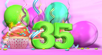 生日蛋糕与引发蜡烛与的数量大绿色与纸杯蛋糕与红色的奶油装饰与巧克力芯片和气球的回来粉红色的背景插图大数量生日蛋糕绿色与纸杯蛋糕和气球的回来粉红色的背景插图