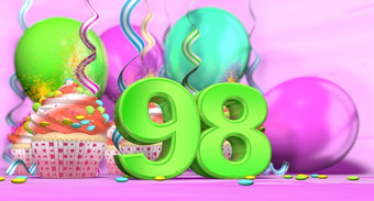 生日蛋糕与<strong>引发</strong>蜡烛与的数量大绿色与纸杯蛋糕与红色的奶油装饰与巧克力芯片和气球的回来粉红色的背景插图大数量生日蛋糕绿色与纸杯蛋糕和气球的回来粉红色的背景插图