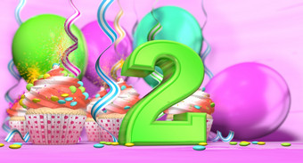 生日蛋糕与<strong>引发</strong>蜡烛与的数量大绿色与纸杯蛋糕与红色的奶油装饰与巧克力芯片和气球的回来粉红色的背景插图大数量生日蛋糕绿色与纸杯蛋糕和气球的回来粉红色的背景插图