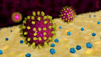 科维德红色的病毒与黄色的峰值浮动黄色的表面与蓝色的蛋白质黑暗红色的背景插图科维德红色的病毒与黄色的峰值浮动表面与蓝色的蛋白质黑暗红色的背景插图