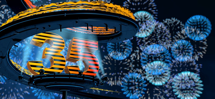 数量形成黄色的结构轮金属平台照亮反射镜包围金属螺旋结构与背景蓝色的烟花的晚上天空插图数量形成黄色的结构轮金属平台照亮反射镜包围金属螺旋结构与背景蓝色的烟花插图