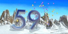 数量厚蓝色的字体。雪山与岩石山景观与雪和红色的黄色的和紫色的气球飞行的背景插图数量厚蓝色的字体。雪山与岩石山景观与雪和气球飞行的背景插图