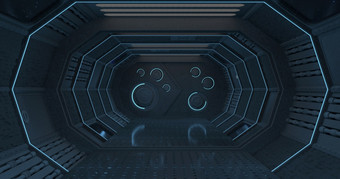 前面视图的室内黑暗走廊宇宙飞船蓝色的光与关闭通过与圆形锁的背景插图视图的室内黑暗走廊宇宙飞船蓝色的光与关闭通过的背景插图