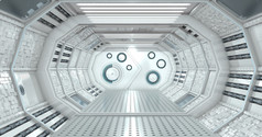 前面视图的室内反光走廊宇宙飞船白色光与关闭通过与圆形锁的背景插图视图的室内反光走廊宇宙飞船白色光与关闭通过的背景插图