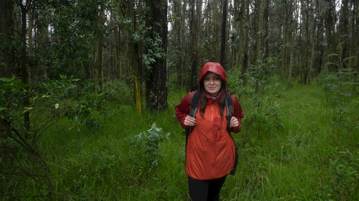 前面视图拉美裔女人与黑色的背包和红色的防水夹克走独自一人泥泞的小道通过森林在的一天拉美裔女人与黑色的背包和红色的防水夹克走泥泞的小道通过森林在的一天
