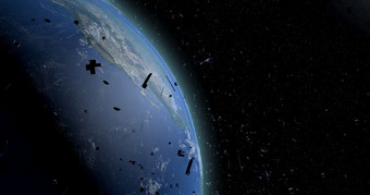 特写镜头视图空间碎片浮动的轨道地球地球老卫星火箭支持块金属是威胁因为他们可以碰撞与的新卫星插图空间碎片浮动的轨道地球地球老卫星火箭支持块金属是威胁因为他们可以碰撞与的新卫星插图