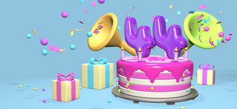 粉红色的生日蛋糕与厚紫色的数量和蜡烛金属板包围礼物盒子与角喷射五彩纸屑和球体柔和的蓝色的背景插图粉红色的生日蛋糕与厚紫色的数量包围礼物盒子与角喷射五彩纸屑柔和的蓝色的背景插图