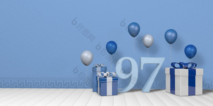 光蓝色的数量在明亮的蓝色的和白色礼物盒子装饰与气球浮动白色木地板上空房间与柔和的蓝色的墙插图光蓝色的数量在蓝色的和白色礼物盒子装饰与气球白色木地板上与柔和的蓝色的墙背景插图