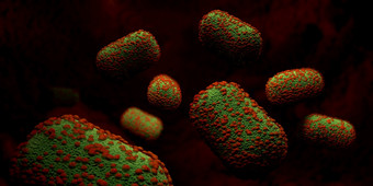 关闭集团绿色病毒与红色的点猴痘浮动黑暗红色的插图关闭集团猴痘病毒浮动黑暗红色的插图