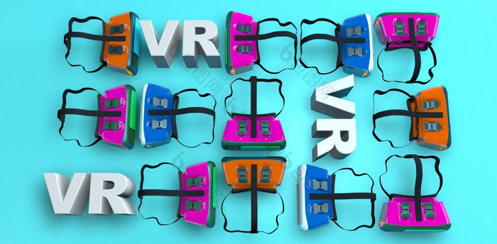 集团虚拟现实眼镜品红色的蓝色的和橙色颜色不同的职位下一个的信蓝色的表面插图集团虚拟现实眼镜不同的职位下一个的信蓝色的表面插图