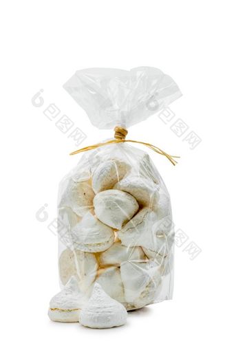 法国白色蛋白派玻璃纸袋孤立的白色背景