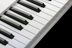 关闭细节的黑色的和白色键音乐键盘与复制空间为文本
