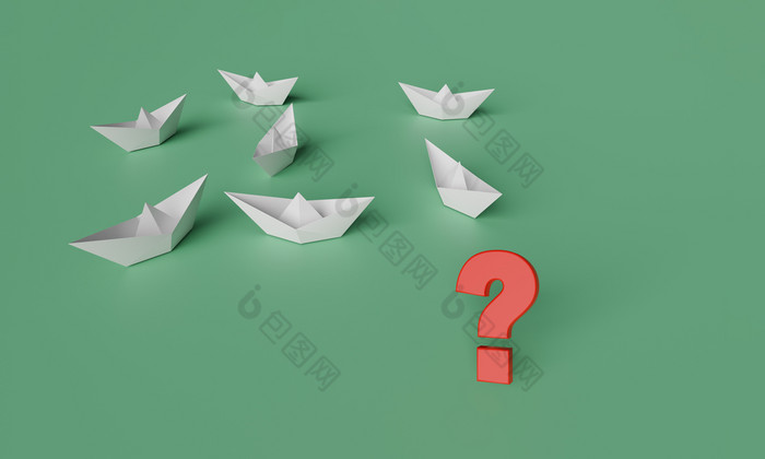 插图领导概念红色的纸船的正确的一边引领集团白色纸船行从左正确的