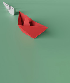 插图领导概念红色的纸船的正确的一边引领集团白色纸船行从左正确的