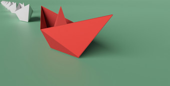 插图领导概念<strong>红色</strong>的纸船的正确的一边<strong>引领</strong>集团白色纸船行从左正确的