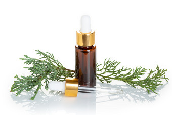 柏树至关重要的石油孤立的白色背景柏树石油瓶为美皮肤哪健康替代医学
