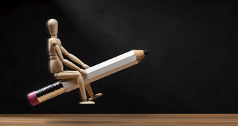 木人体模型骑铅笔就像<strong>火箭</strong>横幅回来学校概念复制空间