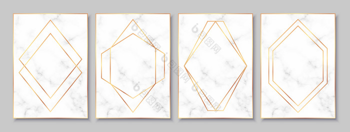 奢侈品海报集与白色大理石纹理和黄金多边形帧古董模板艺术德科风格卡片横幅宣传册传单等完美的为婚礼邀请聚会，派对传单等奢侈品海报集与白色大理石纹理和黄金多边形帧
