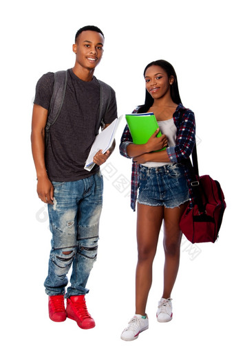 快乐微笑男孩和女孩朋友学生<strong>同学</strong>们站在一起携带书记事本袋和背包白<strong>色</strong>