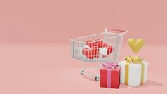 心形状购物车和可爱的礼物盒子旁边呈现为情人节一天插图情人节一天购物概念